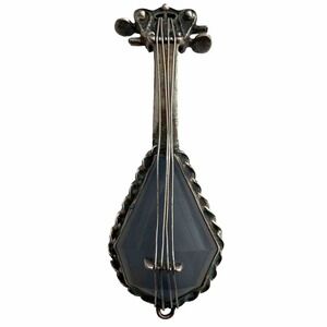 Vtg Sterling Silver 2" Guitar Brooch Pin Blue Stone Ukulele Banjo Mandolin 8.59g